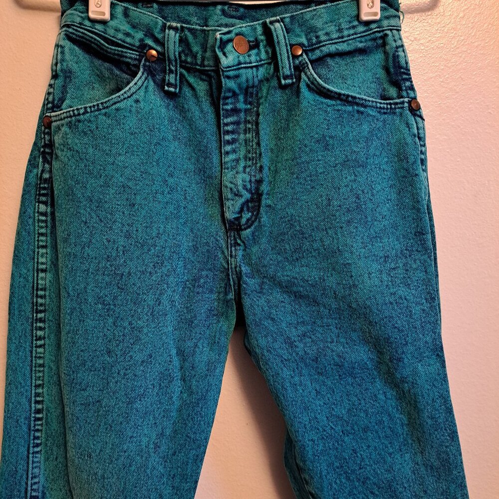 Vintage 1980s Wrangler High-Waisted Teal Acid-Wash Denim Jeans - Picture 5 of 9